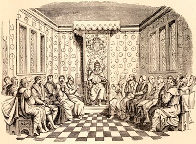 König Edward VI. von England und sein Rat, nach einem Holzschnitt auf der Titelseite der Statuten von 1551, aus 